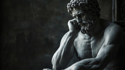 The statue of a Greek god, crafted from gray stone, embodies deep thought and introspection, surrounded by an atmosphere of tranquility and soft shadows
