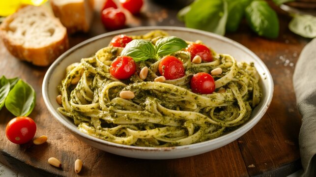 Fettuccine al pesto servido con tomates cherry y pi&ntilde;ones, decorado con hojas de albahaca fresca, presentado en un plato r&uacute;stico.