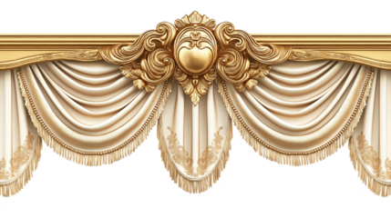 Golden realistic luxury curtain cornice decor isolated on transparent and white background, cut out png