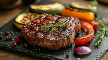 Filete de carne a la parrilla acompañado de pimientos, calabacín y cebolla, decorado con romero fresco, presentado en una tabla de pizarra.