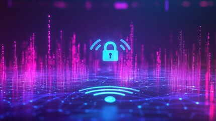 Digital representation of cybersecurity with a lock symbol and network connectivity.