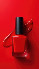 bottle with red lacquer on a red background, presentation of beauty products