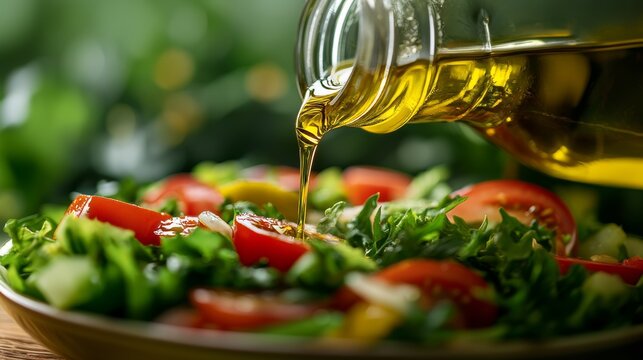 Aceite de oliva siendo vertido sobre una ensalada vibrante con ingredientes frescos como tomates cherry, pepino y hojas verdes, captado en un primer plano detallado.