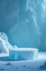 round podium made of ice on the background of snow-capped mountains