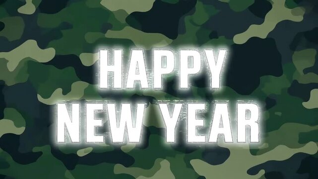 Phrase Happy New Year in bright white stencil style, set against a dark homogeneous background with a subtle military camo pattern