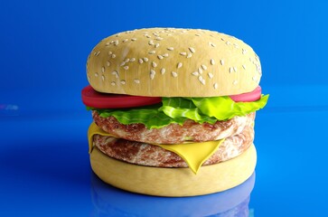 Classic hamburger isolated in blue background. Fresh, delicious burgers with a beef patty, lettuce, onions, tomatoes and cucumbes. A large, fresh hamburger with overflowing cheese filling.	
