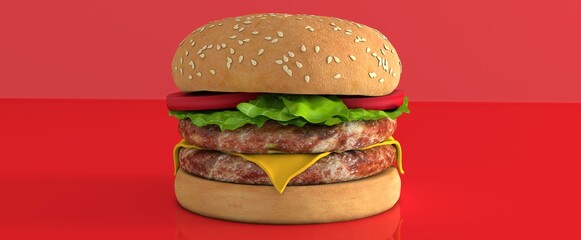 Classic hamburger isolated in red background. Fresh, delicious burgers with a beef patty, lettuce, onions, tomatoes and cucumbes. A large, fresh hamburger with overflowing cheese filling.	
