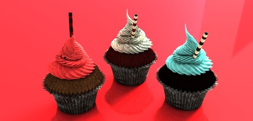 Delicious cupcakes isolated on red background. Happy birthday cake.