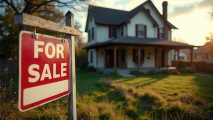 Obraz premium A well-maintained house is up for sale, prominently displaying a 'For Sale' sign on the green lawn, symbolizing new beginnings and opportunity for potential buyers.