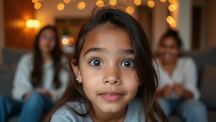 A young girl with wide eyes is the main focus while lights twinkle in the background and two women can be seen, suggesting a cheerful and festive environment full of wonder and joy.