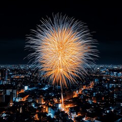 Exploding starshaped fireworks in a night sky above a bustling city, Star Fireworks Explosion Night, Magical urban celebration