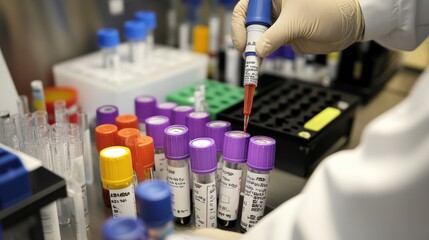 A laboratory scene showing a technician handling blood sample tubes for analysis.
