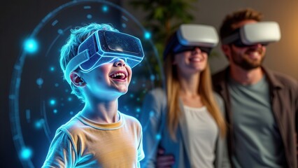 A family of three, each wearing virtual reality headsets, engages in a shared immersive digital experience, illustrating the marvels of modern technology, innovation, and the joy of virtual exploratio