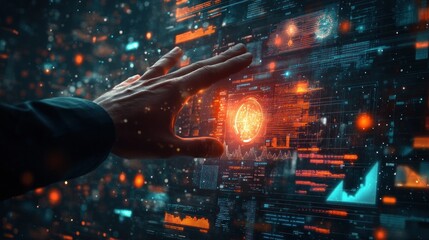 A hand interacts with a digital interface displaying data and visualizations.