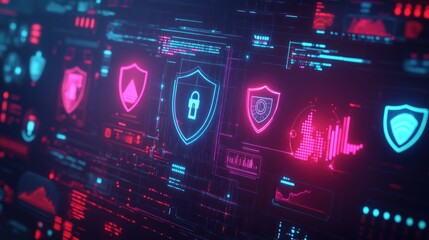 Digital interface displaying cybersecurity icons and data analytics in vibrant colors.