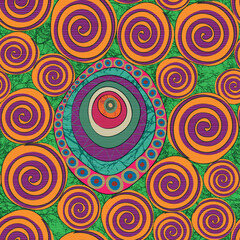 Seamless African Wax Print fabric, Ethnic handmade ornament for your design, Afro Ethnic flowers and tribal motifs geometric circle elements. Vector texture, Africa Ankara textile fashion background