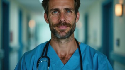 A healthcare professional wearing blue scrubs and a stethoscope smiles warmly, exuding confidence in a hospital corridor. Soft lighting enhances the caring atmosphere, highlighting the importance of h