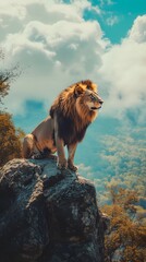 Obraz premium Isolated Lion on Top of Mountain Ridge, Photo Realistic, Pattern Background, Wallpaper, Cover and Screen for Smartphone, PC, Laptop, 9:16 and 16:9 Format