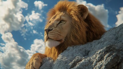 Obraz premium Isolated Lion on Top of Mountain Ridge, Photo Realistic, Pattern Background, Wallpaper, Cover and Screen for Smartphone, PC, Laptop, 9:16 and 16:9 Format