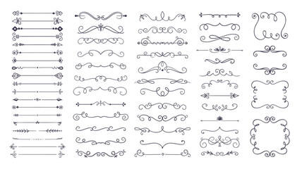 Cute hand-drawn decorative text dividers and frames. 60 swirl text dividers, isolated on a white background. Vector illustration.