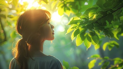 A young woman peacefully enjoying the golden light filtering through lush green leaves in a tranquil forest setting.