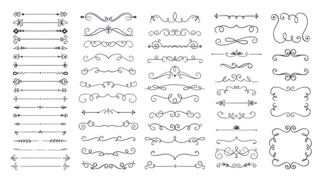 Cute hand-drawn decorative text dividers and frames. 60 swirl text dividers, isolated on a white background. Vector illustration.