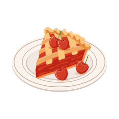 Piece of baked cherry pie on a plate with cherries. Food, dessert, sweet. Flat illustration