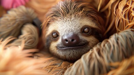 Fototapeta premium Close-up of a cute sloth with a gentle smile, surrounded by soft fur, showcasing the animal's unique slow-paced charm.