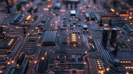 Obraz premium A close-up of a circuit board with intricate details and various electronic components