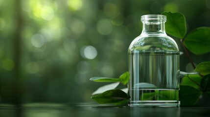Close-up of a glass bottle filled with clear liquid against a blurred green nature background, symbolizing purity, freshness, and natural beauty.