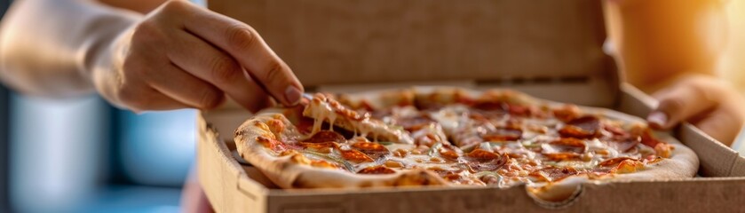 Close-up of a person enjoying a fresh pepperoni pizza in a cardboard box, highlighting the delicious cheese and toppings in an inviting scene.