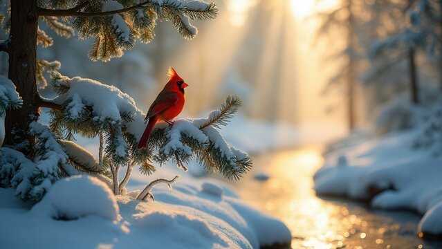 A serene winter scene depicting a vibrant red cardinal perched on a snow-laden branch, set against the backdrop of a tranquil, sunlit forest, encapsulating the beauty of nature in winter.