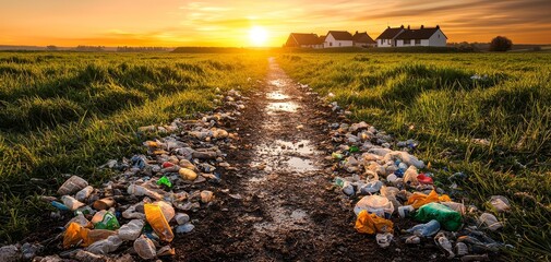 Obraz premium Garbage Path through Sunset Fields Environmental Contrast and Pollution Impact