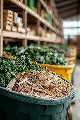 Vibrant Green Plastic Bin with Shredded Wood and Foliage in Rustic Setting - Eco-Friendly Recycling Concept for Sustainable Living