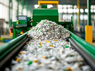 Close-up View of Recycled Paper on Conveyor Belt in Industrial Setting, Green Machinery Background - Eco-Friendly Recycling Concept