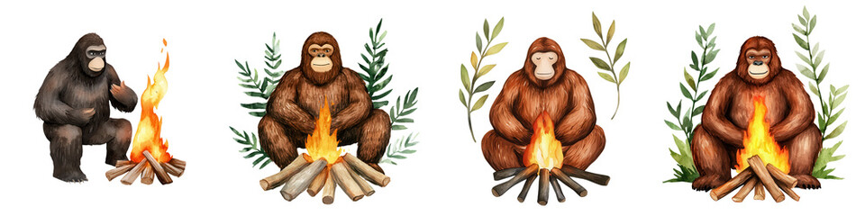 Obraz premium Group of cartoon monkeys around a campfire with foliage, colorful and playful design.
