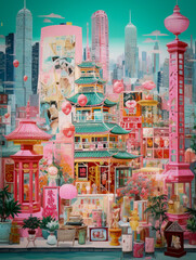 Fototapeta premium A colorful, whimsical Asian cityscape featuring pagodas, lanterns, and intricate architecture, blending traditional design with a modern urban skyline in the background
