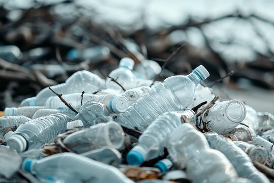 Eco-Crisis Closeup Melancholic Plastic Pollution on Sandy Beach - Environmental Awareness Concept