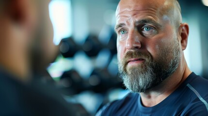 Focused bearded man with bald head listens attentively during conversation in a gym setting, with blurred weights in the background.