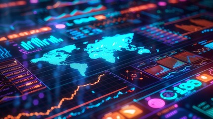 Obraz premium Futuristic digital interface with global map, data visualization, and financial graphs depicting complex statistical information.