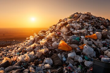 Monumental Plastic Waste Pile at Sunset Environmental Crisis Contrast, Overwhelming Garbage Pollution