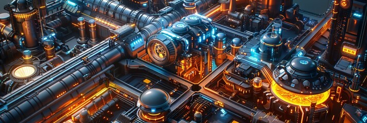 Futuristic industrial cityscape with advanced technology, vibrant lighting, and intricate machinery. Perfect for sci-fi and technology themes.