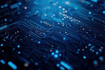 A computer chip with blue and orange lights, generative ai image