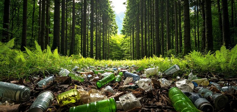 Lamentable Littered Forest Path Environmental Destruction Amidst Lush Greenery and Trash, Conservation Concern Concept