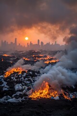 Urban Decay Eerie Sunset View of Burning Trash Pile in City Environment - Environmental Pollution Concept