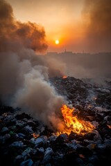 Harsh Reality Burning Trash Pile Against Fiery Sunset Sky - Environmental Impact Concept
