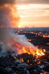 Fototapeta premium Fiery Apocalypse Intense Closeup of Burning Trash at Sunset, Distant Cityscape Silhouette, Environmental Destruction Concept