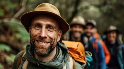 Obraz premium Group of happy hikers exploring the forest, with a bearded man in focus wearing a hat and backpack, enjoying an adventurous outdoor trek.