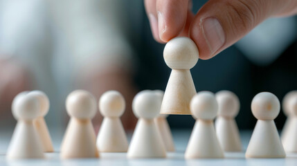 Hand picking a wooden game piece from a group, representing strategy, leadership, and decision making in a business or team context.