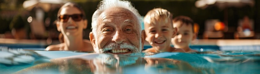 Happy family enjoying a sunny day in the pool, featuring a smiling grandfather, children, and smiling female relative in the background.